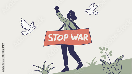 Illustration of a Person Protesting Against War with Doves.