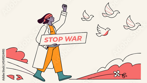 Illustration of a Person Protesting Against War with Doves 1.