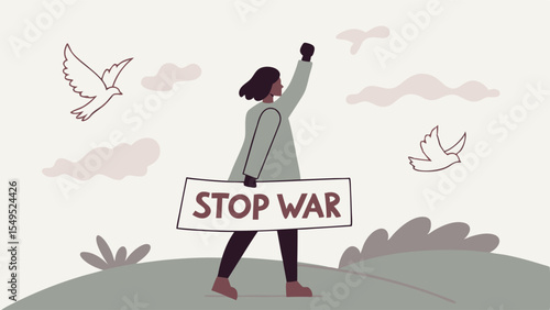 Woman Protesting War with Sign and Doves in the Sky.