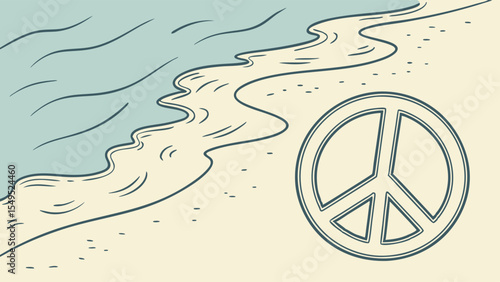 Peaceful Ocean Shore HandDrawn Peace Symbol on Sandy Beach.