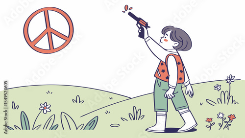 Child Shooting Gun Towards Peace Symbol in a Field.