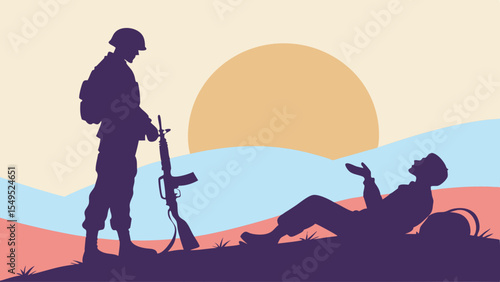 Silhouetted Soldier and Reclining Figure at Sunset.