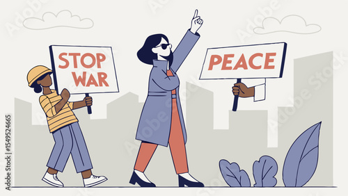 Illustrated Protesters Holding Signs Advocating for Peace and AntiWar Stance.