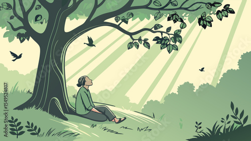 Peaceful Person Contemplating Nature Under a Large Tree.