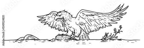 eagle standing on ground with wings half spread sketch style
