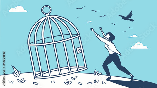 Woman Escaping a Cage Embracing Freedom.