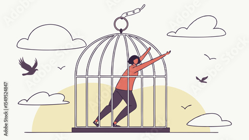 Woman Trapped Inside a Birdcage Reaching Outwards.