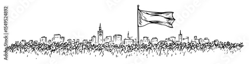 crowd of people protest with flag in city sketch