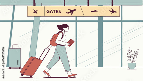 Woman Walking Through Airport Terminal with Luggage.