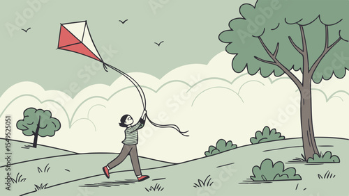 A Child Joyfully Flying a Kite on a Windy Day.