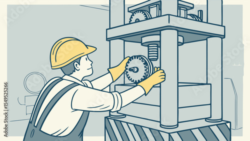 Cartoon worker adjusting machinery with gears and a hydraulic press.