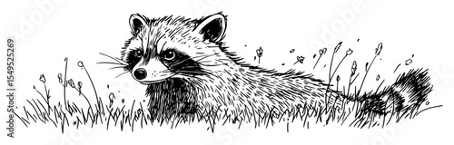 hand drawn raccoon hiding in grass vector illustration