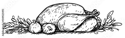roasted turkey with herbs hand drawn sketch vector illustration