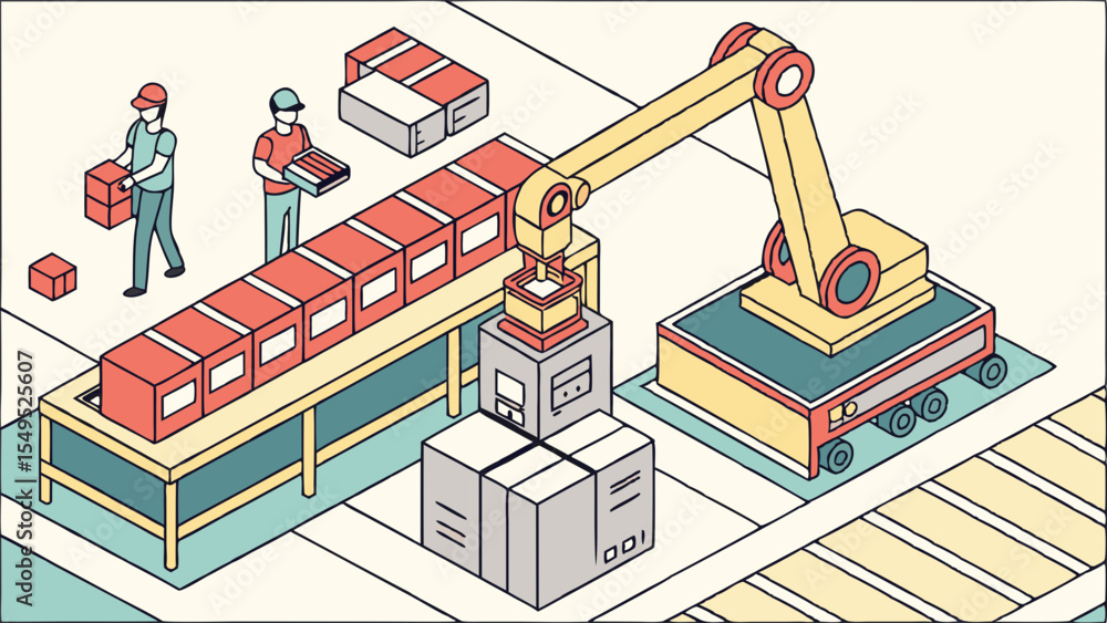 Fototapeta premium Automated factory line with workers and robotic arm assembling boxes.