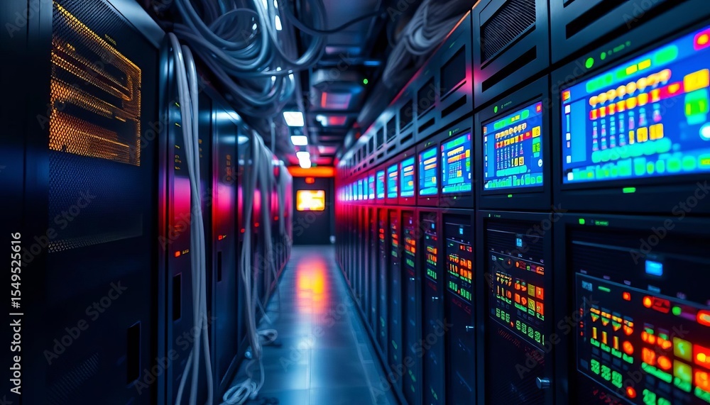 Fototapeta premium Server room network cables, glowing data screens, cybersecurity, supercomputer