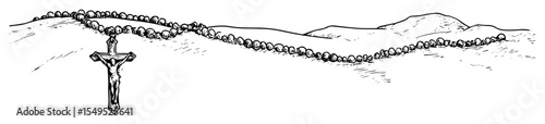 hand drawn catholic rosary beads with crucifix vector illustration