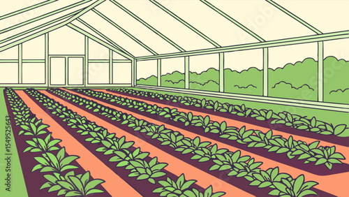 Greenhouse Rows of Growing Plants.