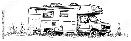 camper van parked in grass hand drawn sketch