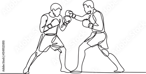  continuous single line drawing of two male boxers sparring in a dynamic kickboxing match against a white background