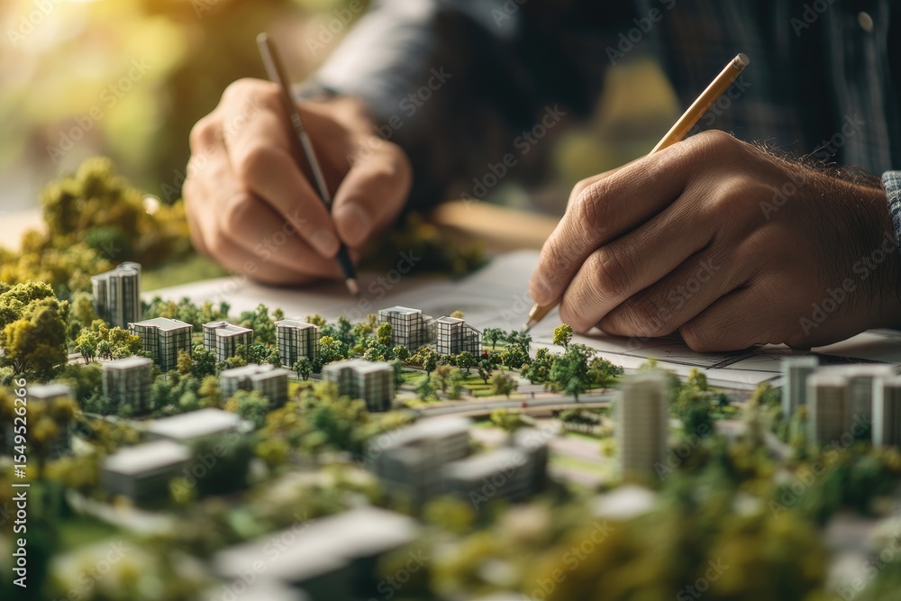 Fototapeta premium Hands sketching architectural plans over a city model