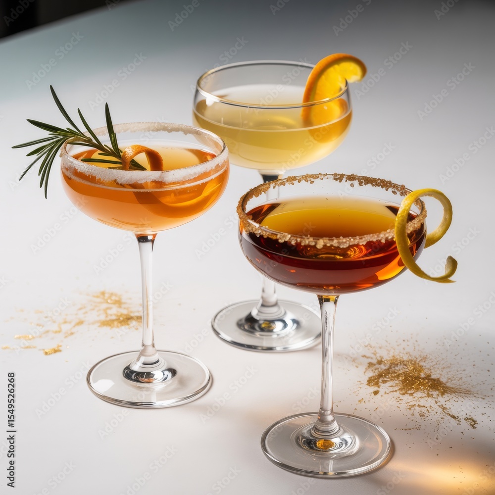Three elegant cocktails festive drinks garnish Three elegant cocktails festive drinks garnish