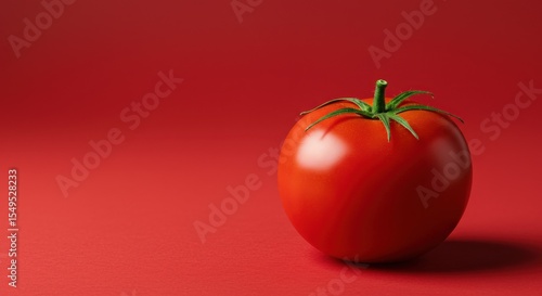 Vibrant single red tomato featuring a green stem, set against a rich red background in a studio environment, ideal for health food concepts.