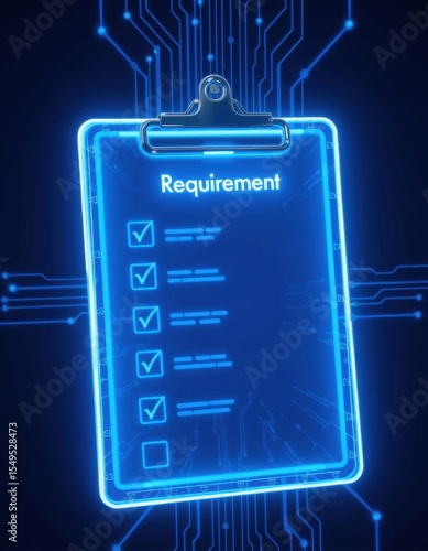 Digital requirement checklist for technology projects virtual environment infographic style futuristic design