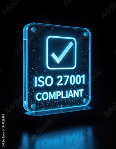 Iso 27001 compliance certification sign digital environment neon graphic display modern concept