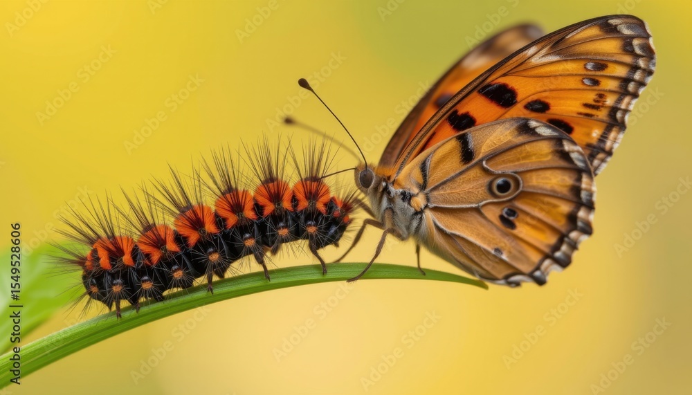 Fototapeta premium Metamorphosis of a butterfly and caterpillar in nature close-up photography sunny environment macro view