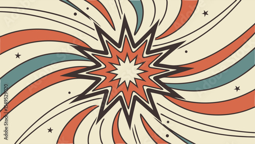 Retro Explosion Graphic with Starburst and Swirling Lines.