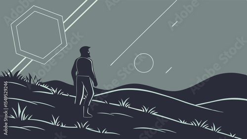Silhouetted Figure Contemplating a Landscape at Dusk.
