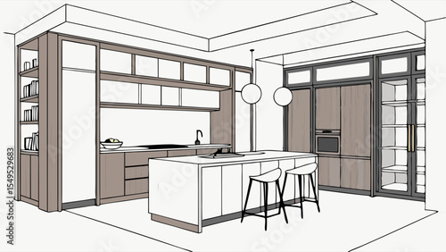 Modern Kitchen Interior Design with Island and Bar Stools.