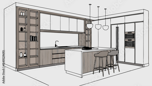 Modern Kitchen Design Island Cabinets and Builtin Appliances.