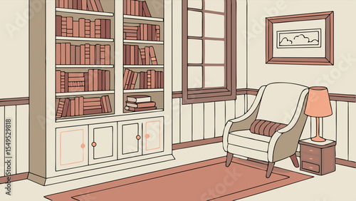 Cozy Reading Nook with Bookshelf and Armchair.