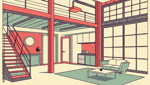 Illustrated Interior of a Modern Loft Apartment with Details.