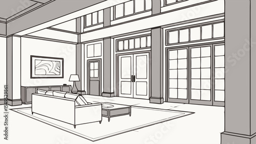Interior Design Sketch of a Spacious Living Room.