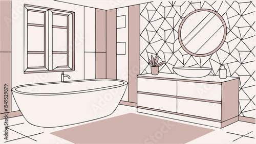 Modern Bathroom Interior Design Sketch Bathtub Vanity and Geometric Wallpaper.