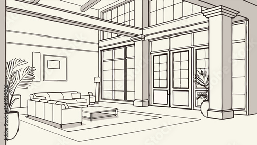 Interior Sketch of a Spacious Living Room.