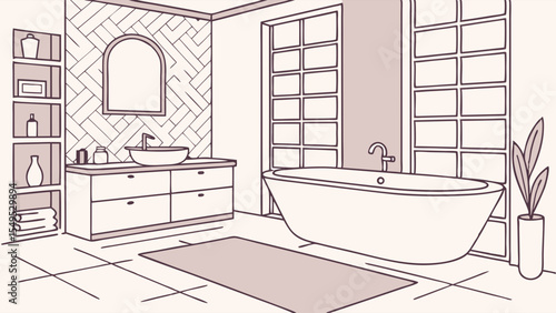 Modern Bathroom Sketch with Bathtub and Sink.