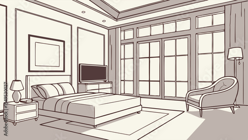 Elegant Bedroom Interior Sketch with Large Windows.