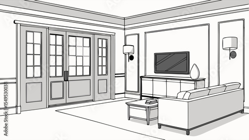 Modern Living Room Interior Design Sketch with French Doors and Sofa.