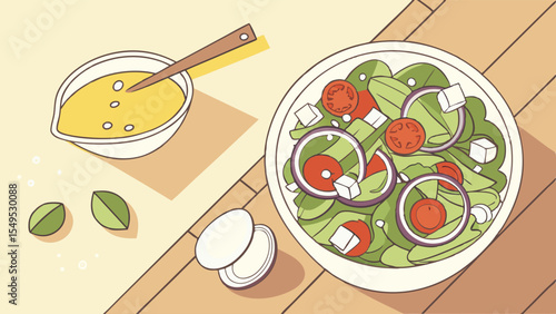 Fresh Salad with Dressing and Egg on Wooden Table Illustration.
