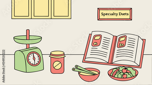 Illustrated Kitchen Scene Featuring Specialty Diets and Food Preparation.