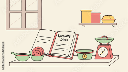 Specialty Diets Cookbook with Kitchenware and Ingredients Illustration.
