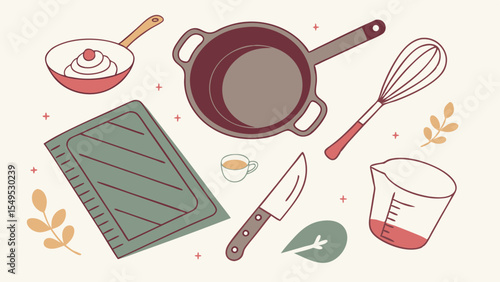Flatlay Illustration of Baking and Cooking Utensils.