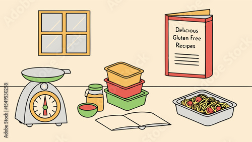 GlutenFree Cooking Scene Kitchen Scale Recipe Book and Prepared Meal.