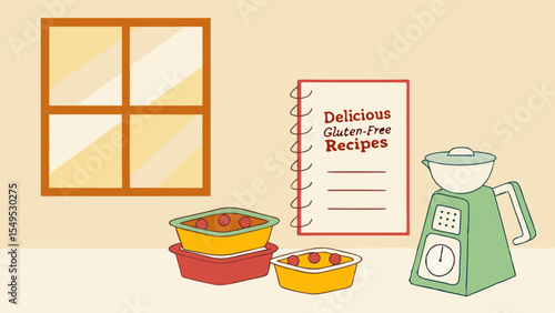 Kitchen scene with window food containers recipe book and blender.