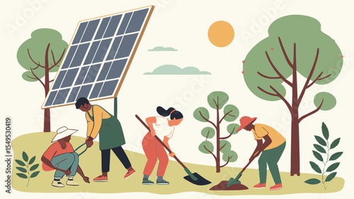 Community Planting Trees and Working with Solar Panel for Sustainability.