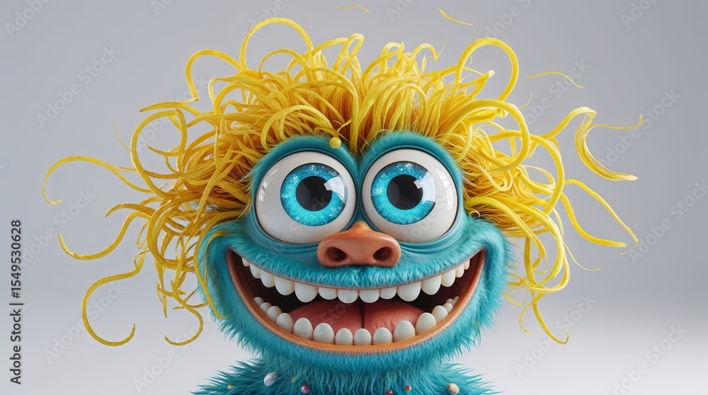 Brightly colored furry creature with vibrant yellow hair and expressive blue eyes showcasing a joyful smile Brightly colored furry creature with vibrant yellow hair and expressive blue eyes showcasing a joyful smile