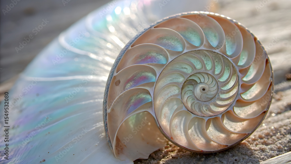 Obraz premium A high-quality, close-up photograph of a seashell surface, capturing the intricate details of its spiral ridges and natural